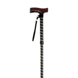 A black walking stick with a curved wooden handle, a wrist strap, and a silver spiral pattern along the shaft.