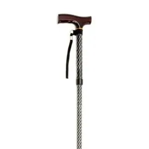 A metal walking stick with a dark curved handle, a wrist strap, and a patterned shaft, shown on a white background.