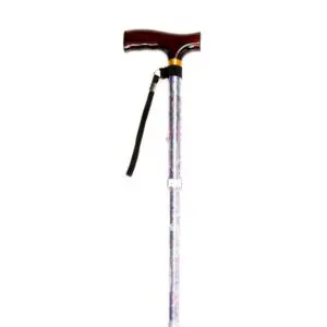 A metal walking stick with a dark wooden handle and a black wrist strap, shown against a white background.