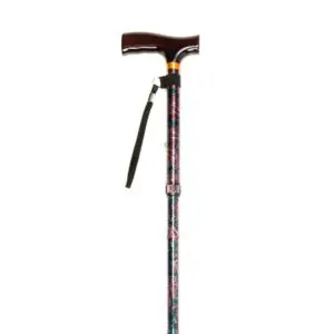 Collapsible walking stick with a patterned shaft, wrist strap, and a dark-coloured ergonomic handle.