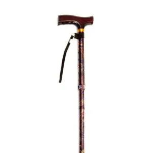 Adjustable walking stick with a dark brown handle, wrist strap, and a patterned shaft, shown against a white background.