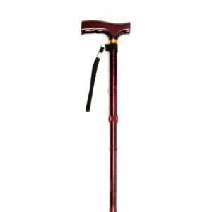 A maroon adjustable walking stick with a T-shaped handle and a black wrist strap, photographed against a white background.