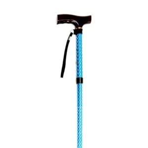A blue adjustable walking stick with a black handle and wrist strap, shown against a white background.