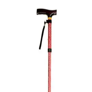 A walking stick with a dark wood T-shaped handle, gold collar, black wrist strap, and a red patterned shaft with an adjustable black collar.
