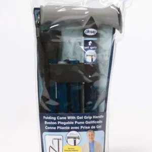 A Drive-brand folding walking stick with gel grip handle in blue packaging, shown against a white background.