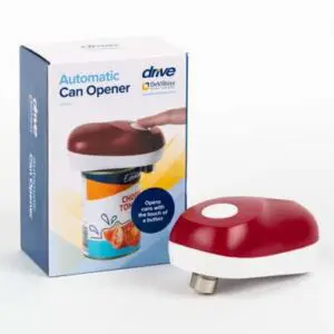 The Automatic Tin Opener, featuring a red and white design, is displayed beside its packaging box, which shows the device operating on a tin.