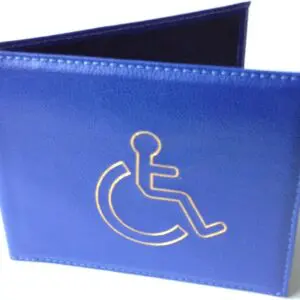 A blue wallet featuring a gold-outline wheelchair accessibility symbol on the front.