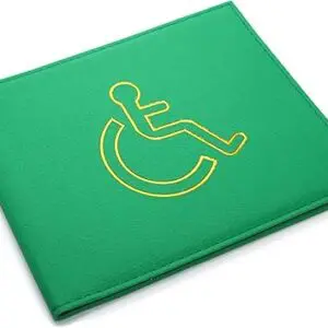 A green wallet with a yellow wheelchair accessibility symbol on the front.