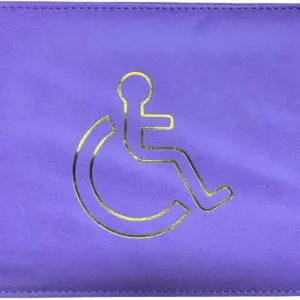 A purple wallet with a gold-coloured wheelchair accessibility symbol on the front.