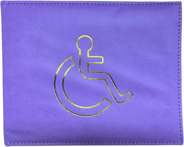 A purple wallet with a gold-coloured wheelchair accessibility symbol on the front.
