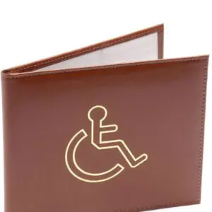 A brown wallet with a gold accessibility symbol featuring a person in a wheelchair on the front.