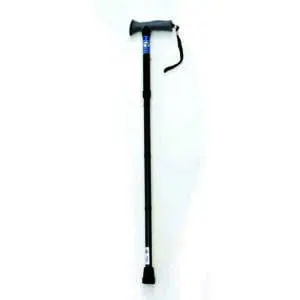 A black adjustable walking stick with a grey ergonomic handle and a wrist strap, photographed on a white background.