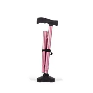 A pink folding walking stick with a black handle and rubber tip, standing upright against a white background.
