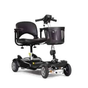 A black, four-wheeled mobility scooter with a padded seat, armrests, front basket, and handlebars, shown on a plain white background.
