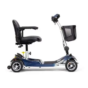 A blue and silver four-wheeled mobility scooter with a black padded seat, armrests, handlebar controls, and a front storage basket.