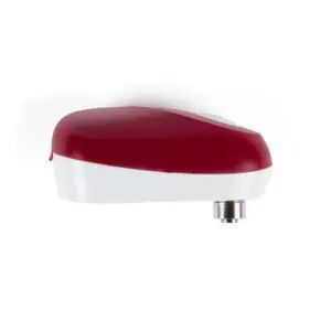 The Automatic Tin Opener is a compact device with a red top, white bottom, and metallic connector on one end, displayed against a white background.