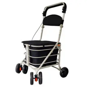 A four-wheeled mobility walking frame with a padded seat, handlebars, and a storage basket underneath.