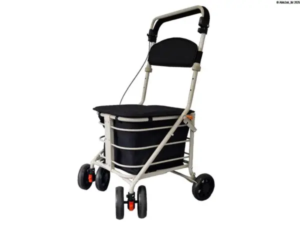 A four-wheeled mobility walking frame with a padded seat, handlebars, and a storage basket underneath.