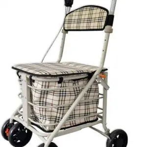 A tartan-patterned adult rollator with four wheels, a padded seat, a storage compartment, and handles.