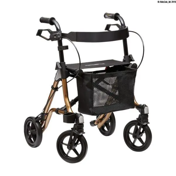A four-wheeled rollator walker with hand brakes, a mesh storage basket, and a black seat.