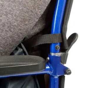 Close-up of a blue wheelchair frame featuring the Padded Leg Cosy, along with a black armrest, grey fabric backrest, and a black strap attached to the frame.