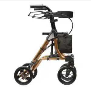 The Dietz TAiMA M-GT Rollator is a compact, foldable walking frame with four wheels, a black storage pouch, and a brown metal frame, shown here in its folded position.