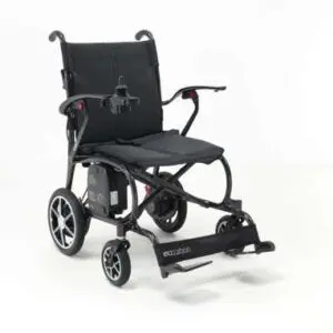 The AeroCarbon Powerchair is a lightweight black electric wheelchair featuring joystick armrest control, large rear wheels, and a foldable frame for convenience.