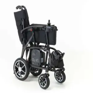 The AeroCarbon Powerchair, a black electric wheelchair with joystick control, large rear wheels, and small front wheels, is shown folded on a plain white background.