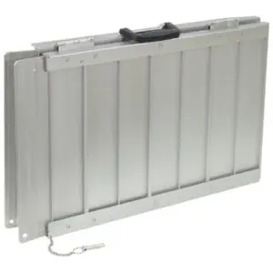 The Lightweight Suitcase Ramp - 610 mm (2 ft) features folding aluminium construction, a carrying handle, and a safety pin connected by a chain.