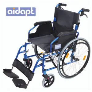 A blue and black manual wheelchair with footrests, featuring the Aidapt logo on the side and in the top left corner.