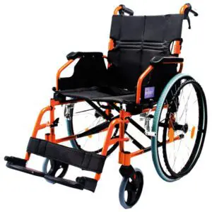 An orange and black manual wheelchair with footrests, large rear wheels, and small front castor wheels, designed for mobility assistance.