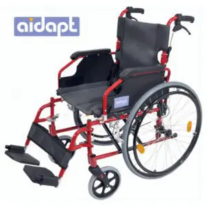 A lightweight manual wheelchair with a red frame, black seat, footrests, and the Aidapt logo visible on the frame and top left corner.