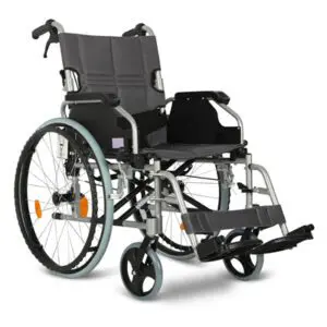 Deluxe Lightweight Self-Propelled Aluminium Wheelchair featuring large rear wheels with hand rims, foldable footrests, and a padded seat and backrest, displayed on a white background.