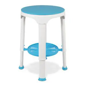 A round, blue and white plastic stool with four legs and a perforated blue shelf underneath the seat.