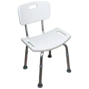 White plastic shower chair with a backrest, drainage holes, side handles, and metal legs with rubber tips.