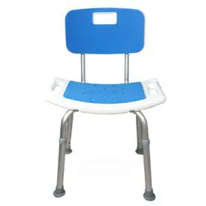 The Shower Chair with Padded Seat and Backrest features a blue and white design, armrests, drainage holes in the seat, adjustable legs with rubber tips, and provides added comfort and support.