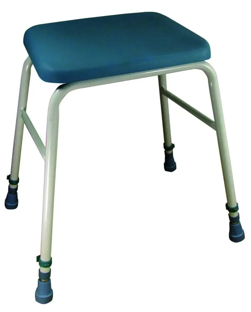 The Astral Perching Stool - Stool Only is a blue and white stool with four adjustable legs and non-slip rubber feet, made from plastic and metal.