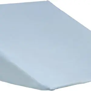 The Bed Wedge Cushion is a light blue, wedge-shaped pillow with a fabric cover, designed to provide support or elevation whilst lying down or sitting.