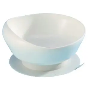 White plastic bowl with a slanted rim and a suction base, designed to stay in place on a flat surface.