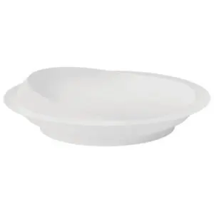 A white, shallow, oval-shaped bowl with a modern, asymmetrical rim design is shown against a plain background.