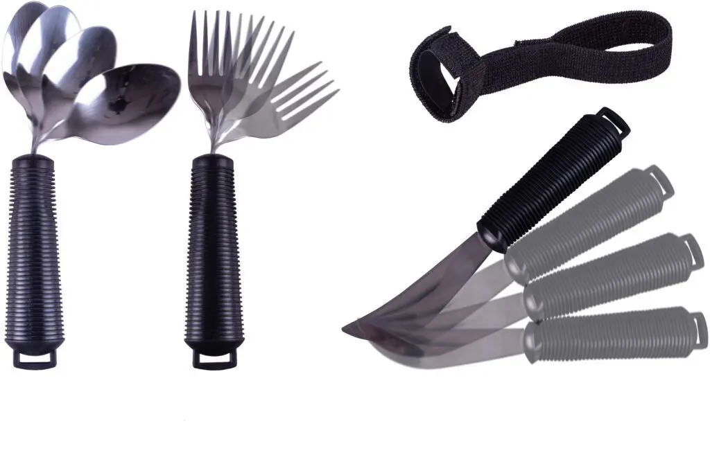 The Bendable Cutlery Set (6 piece) includes adaptive utensils with large, ribbed black handles: a spoon, fork, knife with motion indicator, and a black strap for securing utensils.