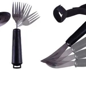 The Bendable Cutlery Set (6 piece) includes adaptive utensils with large, ribbed black handles: a spoon, fork, knife with motion indicator, and a black strap for securing utensils.