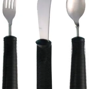 The Bendable Cutlery Set (6 piece) includes a fork, knife, and spoon, each with stainless steel heads and thick ribbed black handles designed for improved grip.