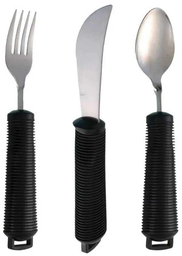 The Bendable Cutlery Set (6 piece) includes a fork, knife, and spoon, each with stainless steel heads and thick ribbed black handles designed for improved grip.