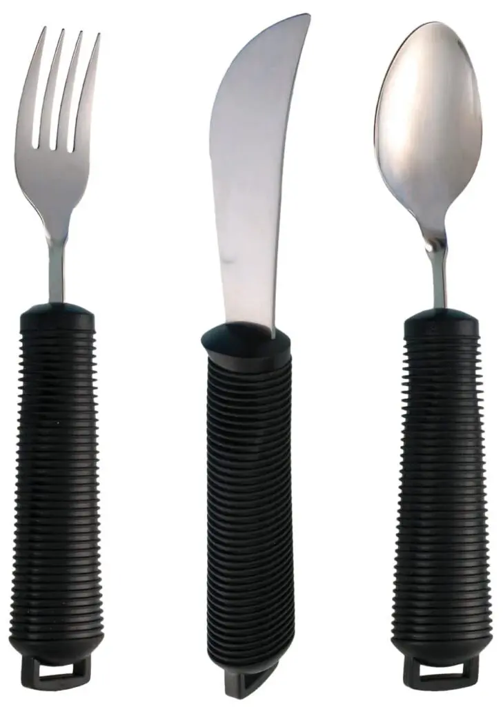 The Bendable Cutlery Set (6 piece) includes a fork, knife, and spoon, each with stainless steel heads and thick ribbed black handles designed for improved grip.