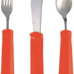 The Bendable Cutlery Set (6 piece) in red features a fork, knife, and spoon with wide, textured handles arranged upright against a white background.