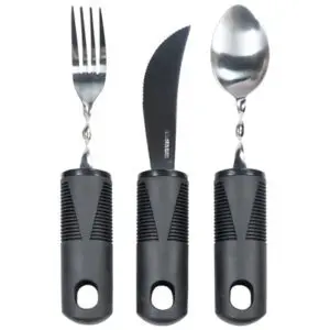 The Large Handled Bendable Cutlery Set, featuring a fork, knife, and spoon with large black ergonomic handles, is displayed side by side.