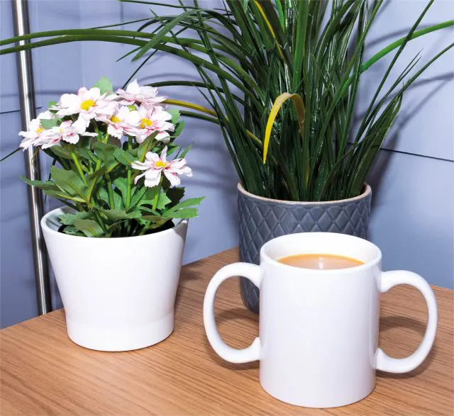 A white mug of coffee sits on a wooden table next to a potted plant with pink flowers and another green potted plant.