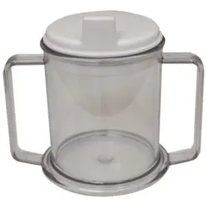 The Two Handled Drinking Cup is a clear plastic beaker with two handles and a white spout lid for easy drinking.