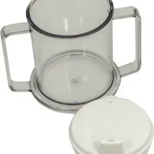 Two-handled drinking cup made of clear plastic, displayed beside a white plastic lid featuring a small spout.